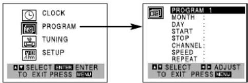 CLOCK PROGRAM TUNING SETUP SELECT ENTER ENTER TO EXIT PRESS MENU PROGRAM 1 MONTH : DAY : START : STOP : CHANNEL : SPEED : REPEAT : SELECT ADJUST TO EXIT PRESS MENU