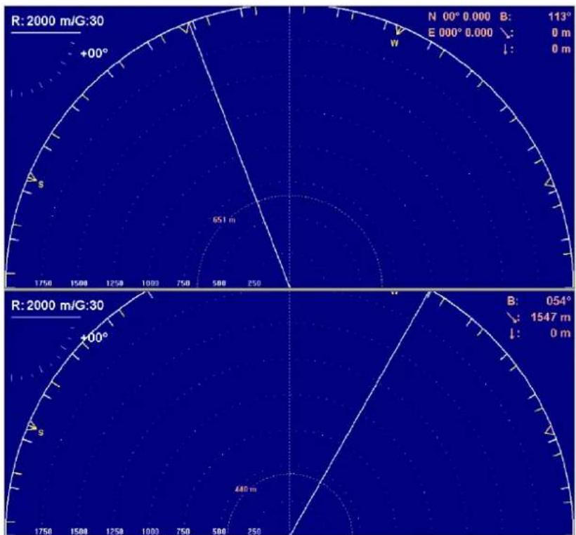 R: 2000 m/G:30 +00° N 00° 0.000 B: 113° E 000° 0.000 ↓: 0 m ↓: 0 m 651 m R: 2000 m/G:30 +00° B: 054° ↓: 1547 m ↓: 0 m 440 m