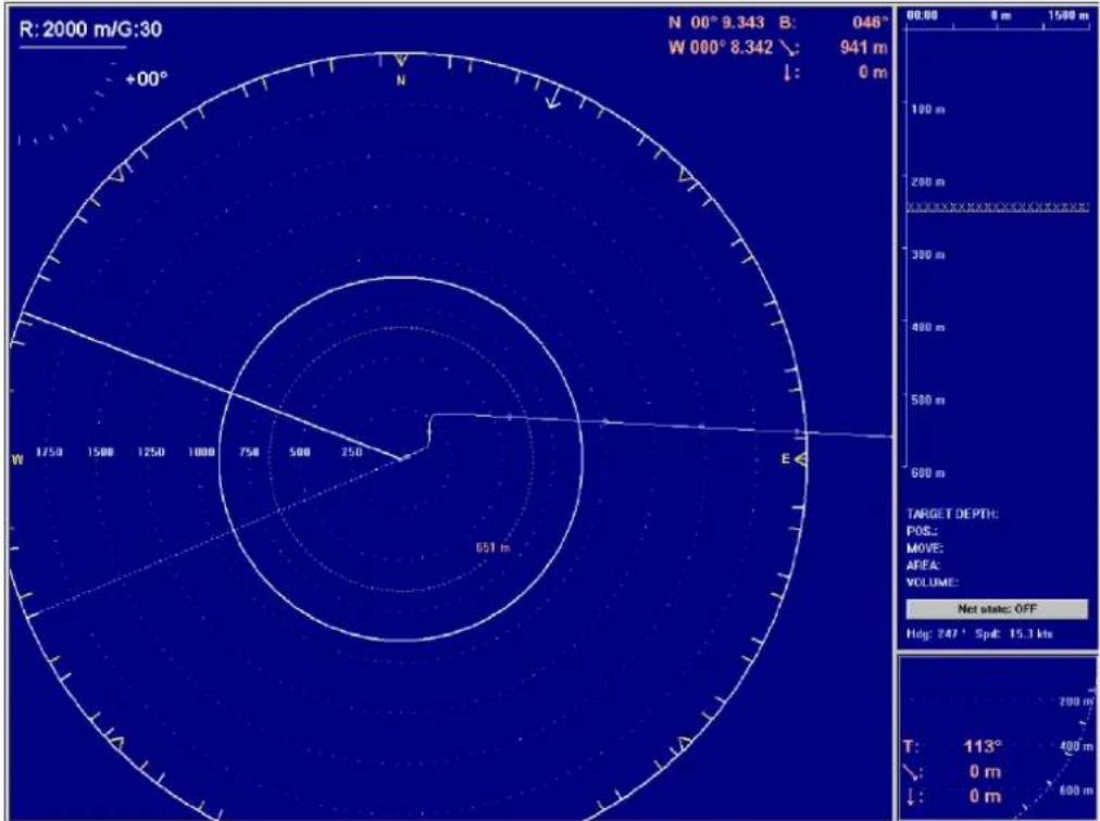 R: 2000 m/G:30 N 00° 9.343 B: 046° W 000° 8.342 \ 941 m ↓: 0 m +00° 1750 1500 1250 1000 750 500 250 E 051 m 00.00 $ m 1500 m 100 m 200 m 300 m 400 m 500 m 600 m TARGET DEPTH: POS: MOVE: AREA: VOLUME: Net state: OFF Hdg: 247' Spd: 15.3 kts 200 m T: 113° 400 m ↓: 0 m ↓: 0 m 600 m