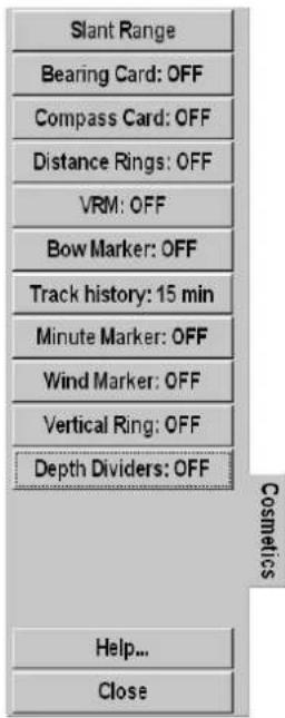 Slant Range Bearing Card: OFF Compass Card: OFF Distance Rings: OFF VRM: OFF Bow Marker: OFF Track history: 15 min Minute Marker: OFF Wind Marker: OFF Vertical Ring: OFF Depth Dividers: OFF Help... Close