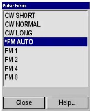Pulse Form: CW SHORT CW NORMAL CW LONG *FM AUTO FM 1 FM 2 FM 4 FM 8 Close Help...