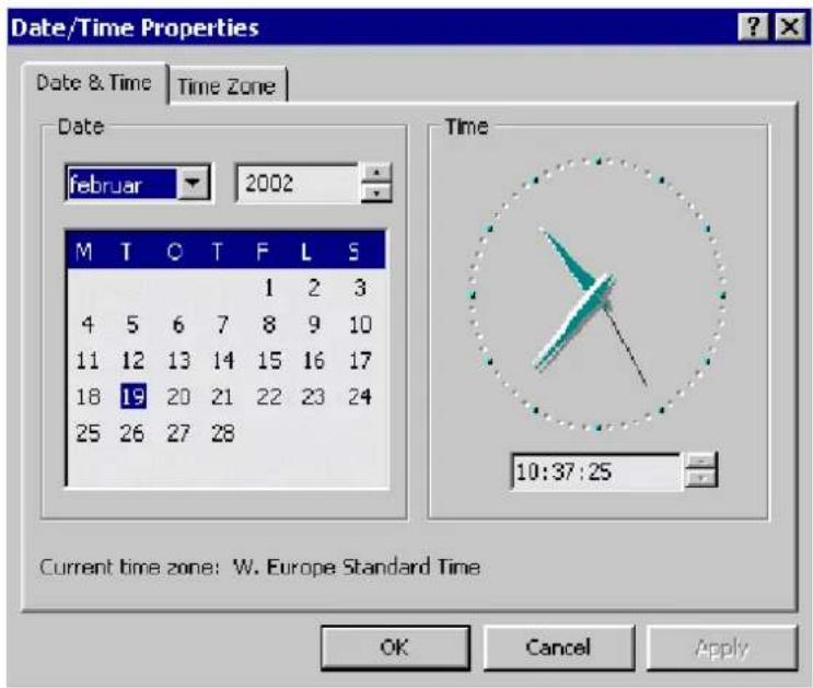 Date/Time Properties Date & Time Time Zone Date februar 2002 M T C T F L S 1 2 3 4 5 6 7 8 9 10 11 12 13 14 15 16 17 18 19 20 21 22 23 24 25 26 27 28 Time 10:37:25 Current time zone: W. Europe Standard Time OK Cancel Apply
