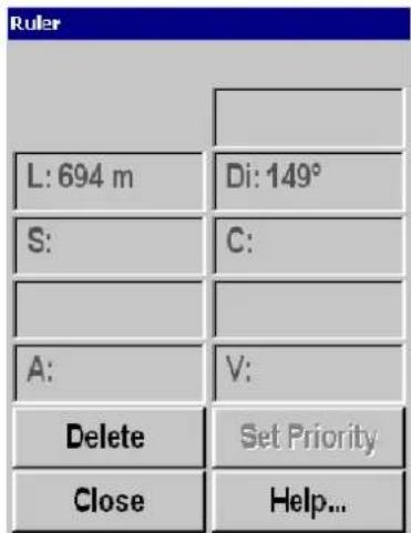 Ruler L: 694 m Di: 149° S: C: A: V: Delete Set Priority Close Help...