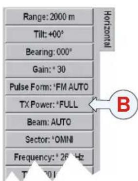 Range: 2000 m Tilt: +00° Bearing: 000° Gain: * 30 Pulse Form: 'FM AUTO TX Power: 'FULL Beam: AUTO Sector: 'OMNI Frequency: * 26 Hz T : 201