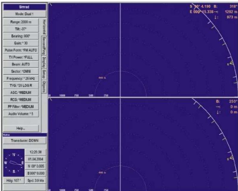 Simrad Mode: Dual 1 Range: 2000 m Tilt: -37° Bearing: 600° Gain: 30 Pulse Form: *FM AUTO TX Power: *FULL Beam: AUTO Sector: *OMM Frequency: * 25 kHz TVG: *20 LOG R AGC: *MEDIUM RCG: *MEDIUM PP Filter: *MEDIUM Audio Volume: * 5 Help... Transducer: DOWN 12:25:38 01.04.2004 N 00° 0.005 E 000° 0.000 Hdg: 107° Spd: 3.9 kts Horizontal Secondhanding Display Setup Close: S 30° 4.100 B: 318° E 000°-15.338→: 1292 m ↓: 973 m 440 m 50 1000 750 500 250 B: 253° ←: 0 m ↓: 0 m