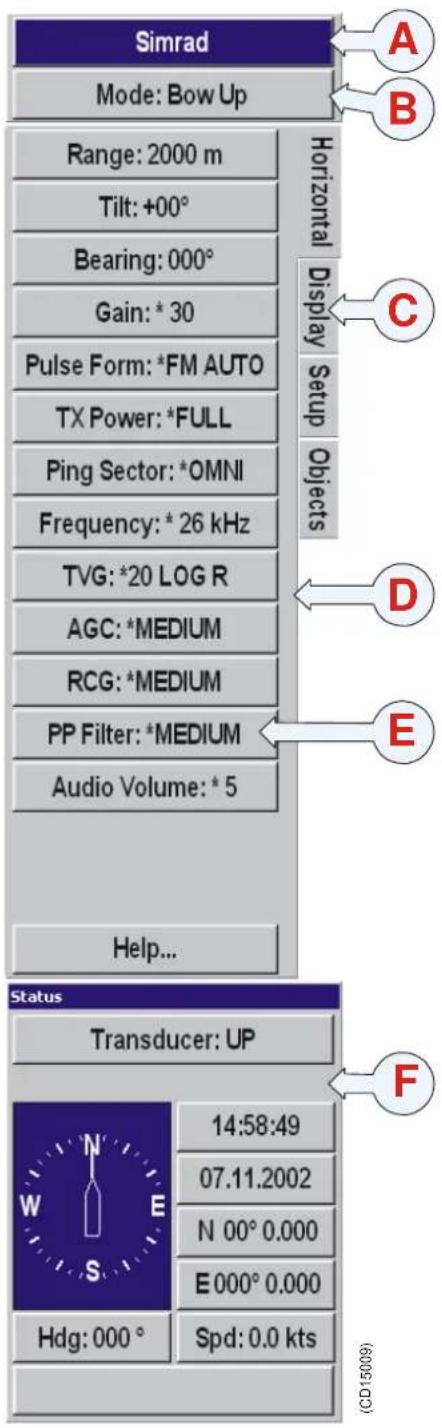 Simrad Mode: Bow Up Range: 2000 m Tilt: +00° Bearing: 000° Gain: * 30 Pulse Form: *FM AUTO TX Power: *FULL Ping Sector: *OMNI Frequency: * 26 kHz TVG: *20 LOG R AGC: *MEDIUM RCG: *MEDIUM PP Filter: *MEDIUM Audio Volume: * 5 Help... Horizontal Display Setup Objects D E Status Transducer: UP 14:58:49 07.11.2002 N 00° 0.000 E 000° 0.000 Hdg: 000° Spd: 0.0 kts (CD15009)