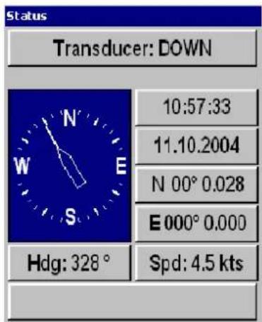 Status Transducer: DOWN 10:57:33 11.10.2004 N 00° 0.028 E 000° 0,000 Hdg: 328 ° Spd: 4.5 kts