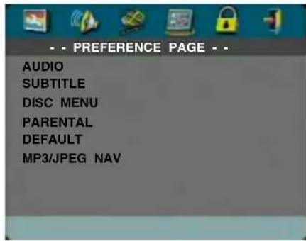 -- PREFERENCE PAGE -- AUDIO SUBTITLE DISC MENU PARENTAL DEFAULT MP3/JPEG NAV