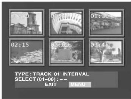 01:30 02:15 03:00 03:45 TYPE: TRACK 01 INTERVAL SELECT (01-06) : -- EXIT MENU
