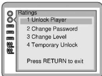 Ratings 1 Unlock Player 2 Change Password 3 Change Level 4 Temporary Unlock Press RETURN to exit