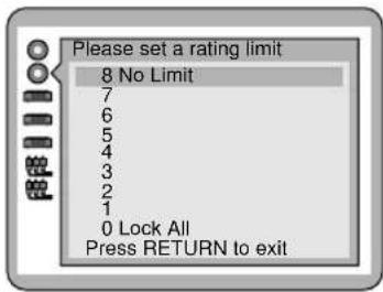 Please set a rating limit 8 No Limit 7 6 5 4 3 2 1 0 Lock All Press RETURN to exit