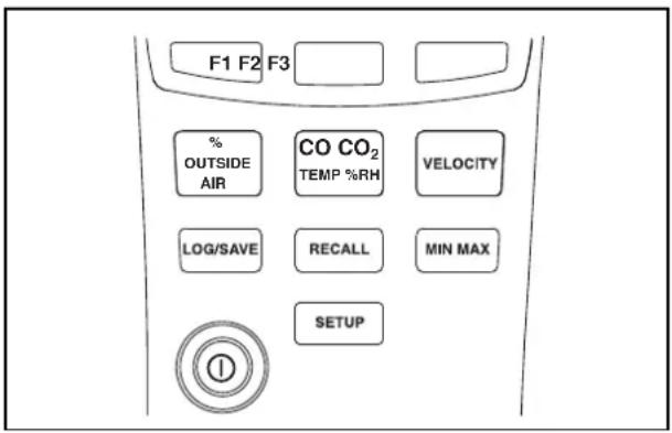 F1 F2 F3 % OUTSIDE AIR CO CO₂ TEMP %RH VELOCITY LOG/SAVE RECALL MIN MAX SETUP