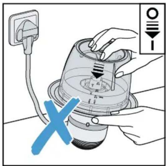 Diagram showing a hand operating a device with labeled parts and a blue X symbol indicating failure or rejection.