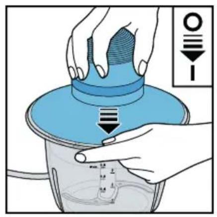 Diagram illustrating a procedure for fluid mixing or filtration, showing hands using a blue filter to measure liquid levels with measurement markings.