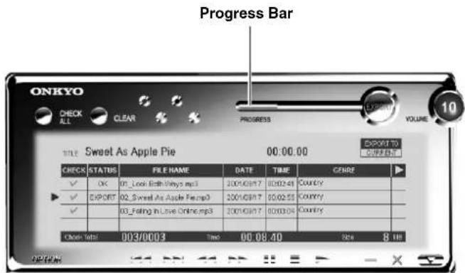 ONKYO CHECK ALL CLEAR PROGRESS VOLUME 10 TITLE Sweet As Apple Pie 00:00.00 EXPORT TO DIFFERENCE CHECK STATUS FILE NAME DATE TIME GENRE ✓ OK 03_Lock Earth/Ways.mp3 2001/09/17 00:02:44 Country ✓ EXPORT 02_Sweet As Apple Pie.mp3 2001/09/17 00:02:55 Country ✓ 03_Failing In Love Online.mp3 2001/09/17 00:03:04 Country Close info 003/0003 Time 00:08:40 Size 8 MM