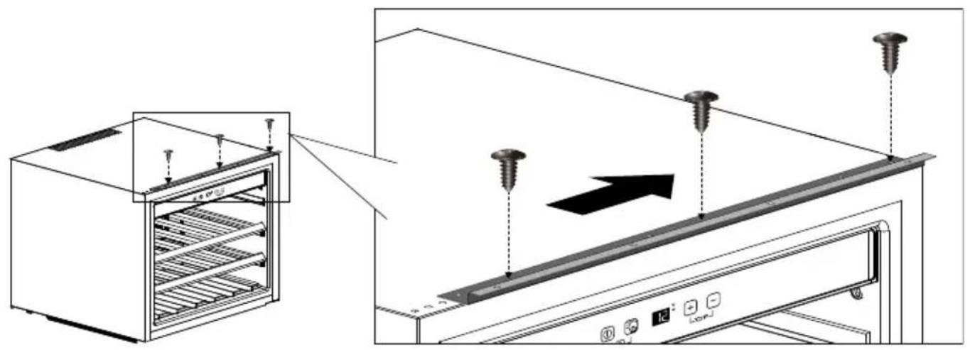 Diagram showing a refrigerator interior with screw holes and an oven, illustrating the process of mounting or mounting assembly.