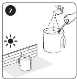 Illustration of a water spray bottle pouring liquid into a cup with a hand watering it, next to a sun and a watering can (no text or symbols)