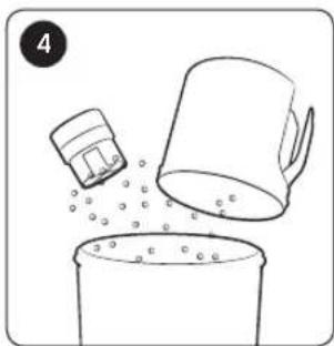 Simple line drawing of a bucket pouring liquid into a cup (no text or symbols)