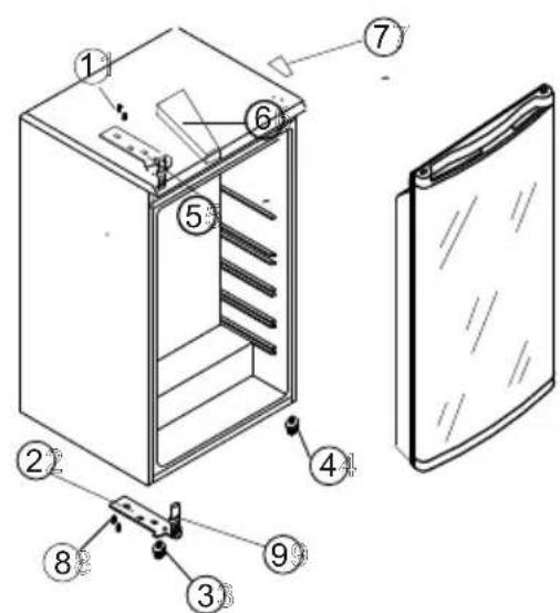 Technical diagram of a refrigerator with numbered parts for identification and assembly reference.