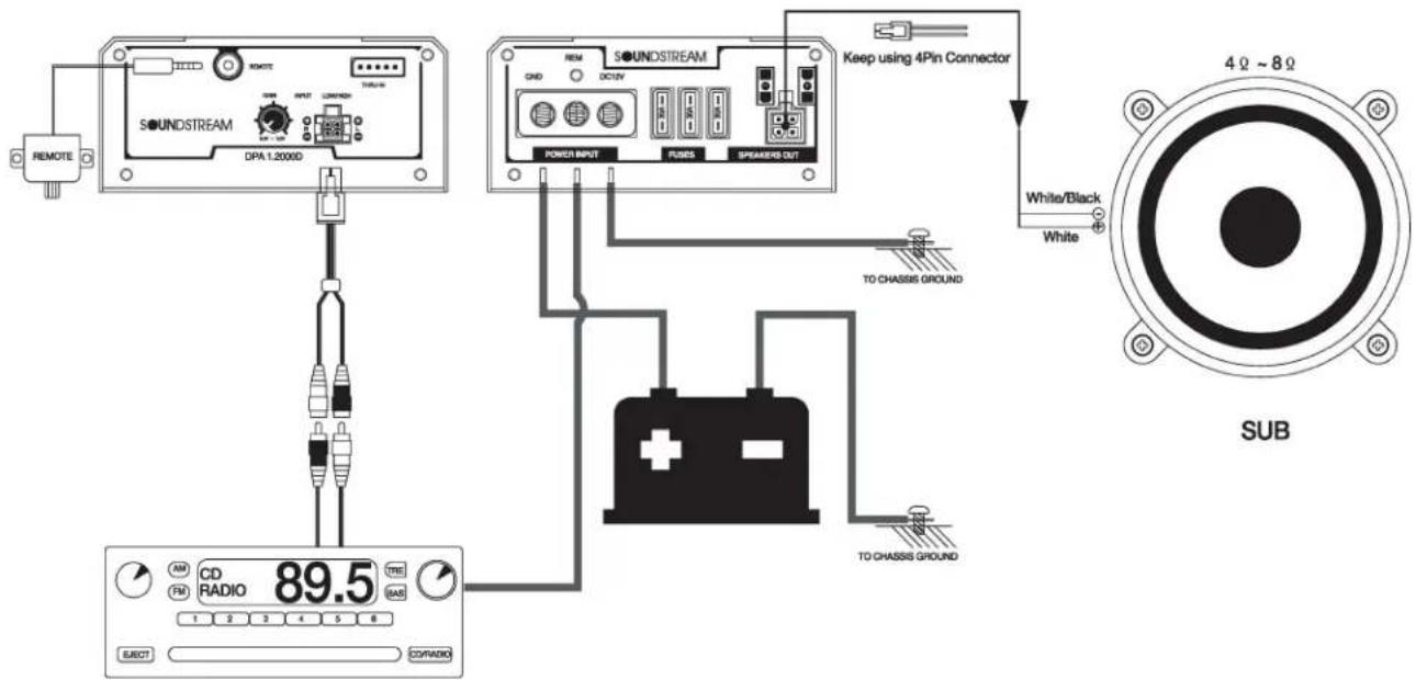 REMOTE SOUNDSTREAM DPA 1.2000D REMO SOUNDSTREAM CND DC35V POWER INPUT FUSES SPEAKERS OUT Keep using 4Pin Connector TO CHASSIS GROUND White/Black White SUB AM CD TIME FM RADIO 1 2 3 4 5 6 EJDOT SORADIO