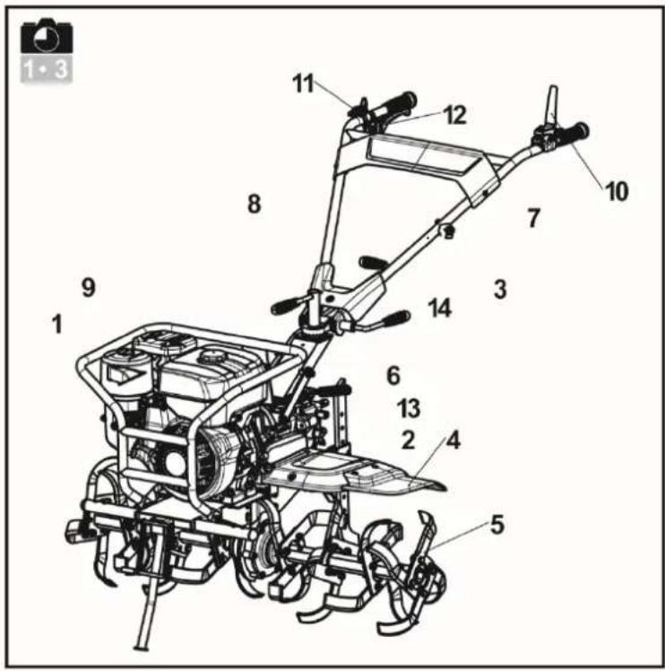 Technical diagram of a tracked agricultural machine with numbered components for identification.