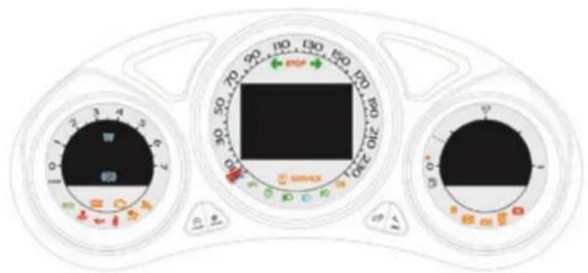 Control panel display with dual dials, rotary gauges, and a central screen showing 200-290 range.