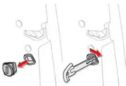 Diagram showing two car seatbelt buckle movements with red arrows indicating changes (no text or symbols)