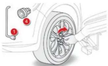 Diagram showing car wheel assembly with numbered parts and a hand operating the wheel, highlighting a red-handled component.