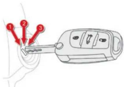 Diagram showing a car key inserted into a device with three red arrows labeled 1, 2, and 3 pointing to the key.