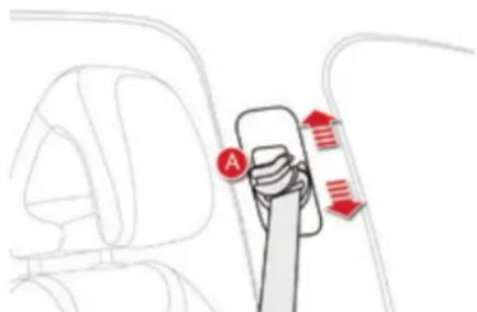 Diagram showing car seatbelt buckle with red directional arrows indicating movement or force, labeled A