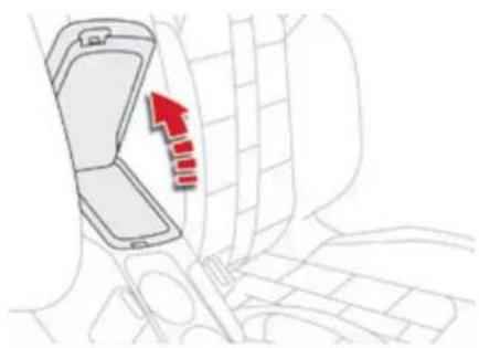 Diagram of a car interior showing a smartphone and seatbelt with red arrows indicating direction (no text or symbols)