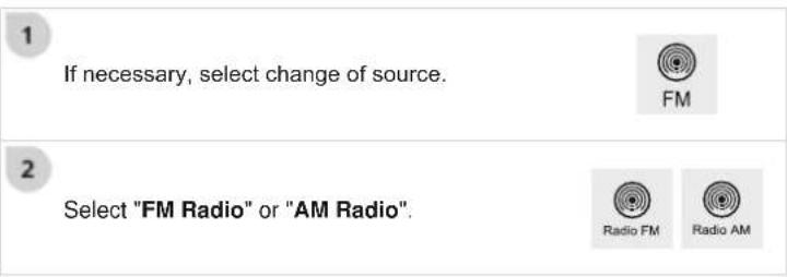 1 If necessary, select change of source. 2 Select "FM Radio" or "AM Radio". FM Radio FM Radio AM