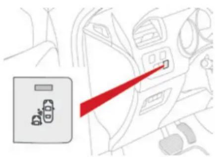 Diagram showing a car interior with a red arrow pointing to a device labeled 'D' and a logo, likely indicating a directional or safety indicator.