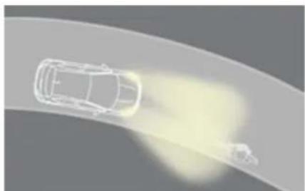 Top-down illustration of a car on a curved road with light trails, no text or symbols present