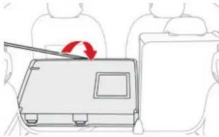 Diagram of a car interior showing a vehicle with a lever and red circular motion indicator (no text or symbols)
