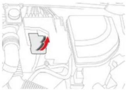 Line drawing of a vehicle engine compartment with a highlighted component (no text or symbols)