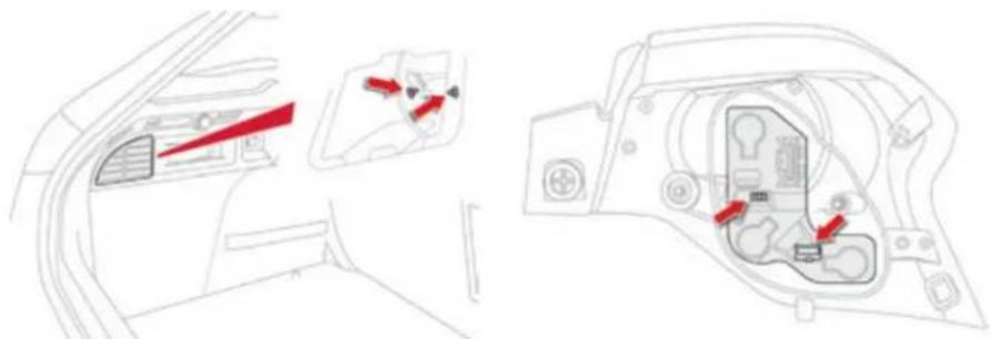 Technical line drawing of a car interior showing front and side views with red arrows indicating directional components (no text or symbols)