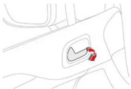 Line drawing of a car interior showing the door and seat area with a red arrow pointing to the side (no text or symbols)