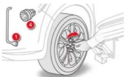 Diagram showing car wheel assembly with numbered parts and a red arrow indicating rotation or adjustment.