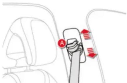 Diagram showing car seatbelt buckle with red directional arrows indicating movement or force, labeled with letter A and directional arrows.