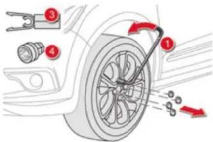 Diagram illustrating car wheel assembly with numbered parts and directional arrows indicating motion or movement