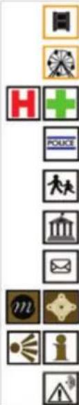Vertical sequence of icons representing various public safety and transportation symbols, including planets, police, buildings, and warning signs.