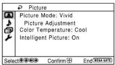 Picture Picture Mode: Vivid Picture Adjustment Color Temperature: Cool Intelligent Picture: On Select ⚪️ ⚪️ ⚪️ Confirm ⏻ End ⚪️ Mega SETT