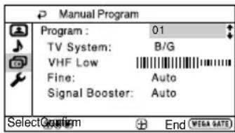 Manual Program Program : 01 TV System: B/G VHF Low Fine: Auto Signal Booster: Auto SelectCustom End WEGA DATA