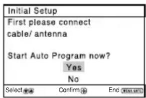 Initial Setup First please connect cable/ antenna Start Auto Program now? Yes No Select Ⓧ Confirm Ⓧ End Ⓧ