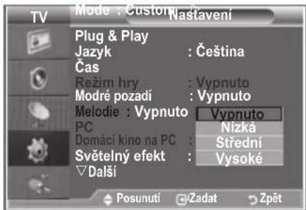 Mode : Custom Nastavení Plug & Play Jazyk : Čeština Čas Režim hry : Vypnuto Modré pozadí : Vypnuto Melodie : Vypnuto PC : Vypnuto Domáci kino na PC : Nizka Světelný efekt : Střední Další : Vysoké