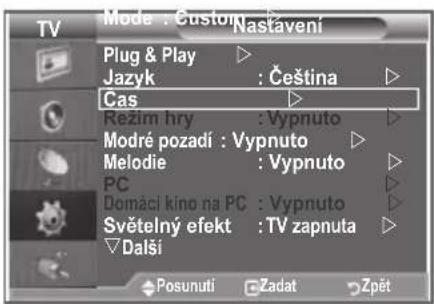Mode : Custom Nastavení Plug & Play ▷ Jazyk : Čeština ▷ Cas ▷ Režim hry : Vypnuto ▷ Modré pozadí : Vypnuto ▷ Melodie : Vypnuto ▷ PC ▷ Domáci kino na PC : Vypnuto ▷ Světelný efekt : TV zapnuta ▷ Dalši ▼ Posunuti Zadat Zpět