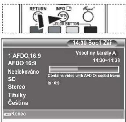 RETURN INFO COLOR BUTTON 14:30 Sob1 Zár Všechny kanály A 14:30~14:33 Neblokováno SD Stereo Titulky Čeština Contains video with AFD O; coded frame is 16:9 Konec