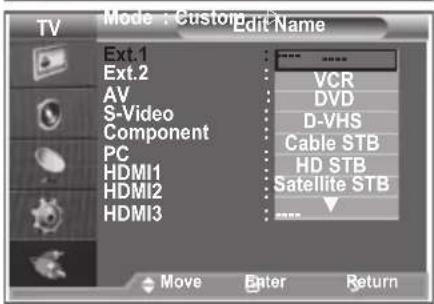 TV Mode : Custom Edit Name Ext.1 Ext.2 AV S-Video Component PC HDMI1 HDMI2 HDMI3 VCR DVD D-VHS Cable STB HD STB Satellite STB Move Enter Return