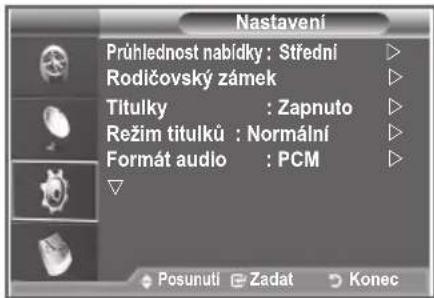 Nastavení Prühlednost nabídky : Střední Rodlčovský zámek Titulky : Zapnuto Režim titulků : Normální Formát audio : PCM Posunuti Zadat Konec